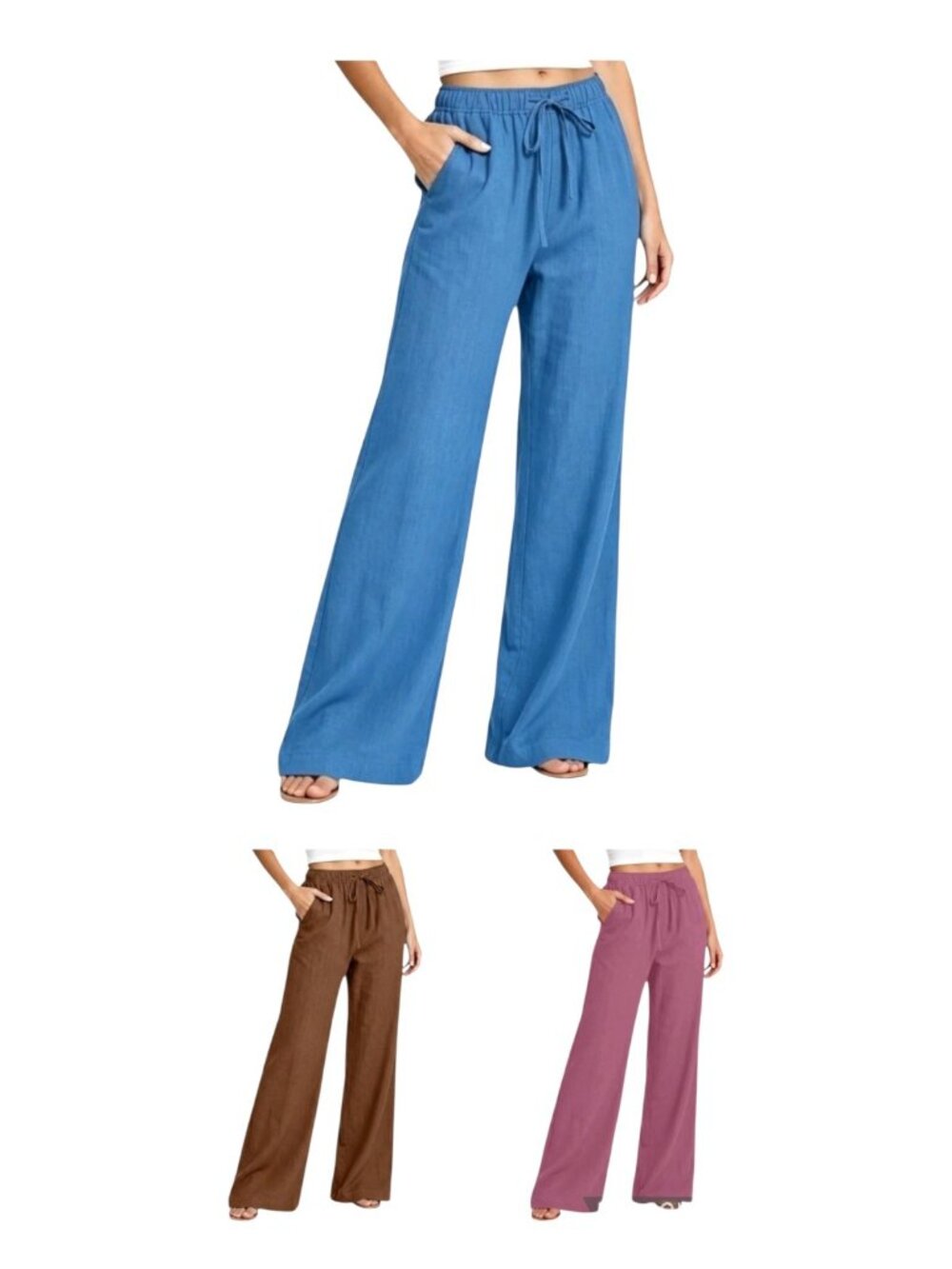 Women’s Linen Wide Leg Pants 3-Piece Set – Blue -Wine -Brown